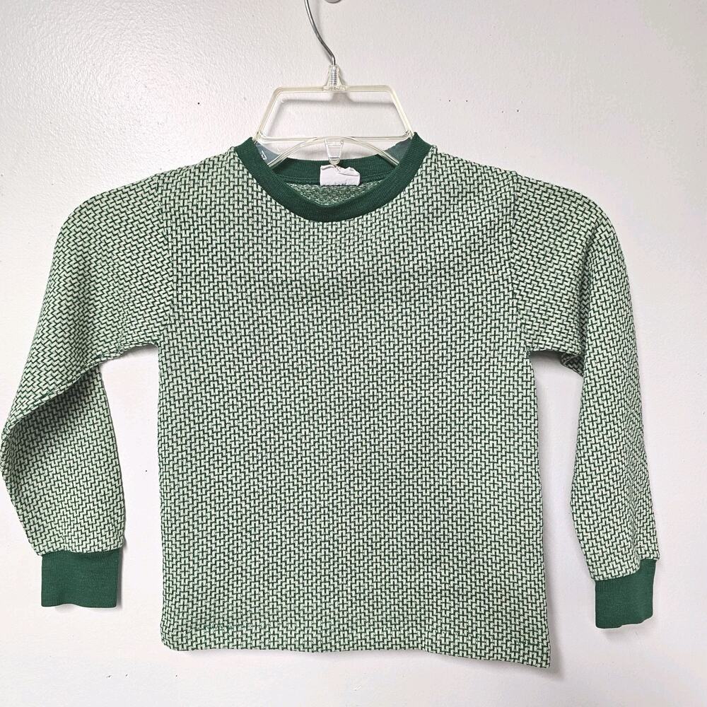 Vintage ToddlyWinks Shirt Sz 6 USA Green Geometric Ling Sleeve 70s Retro